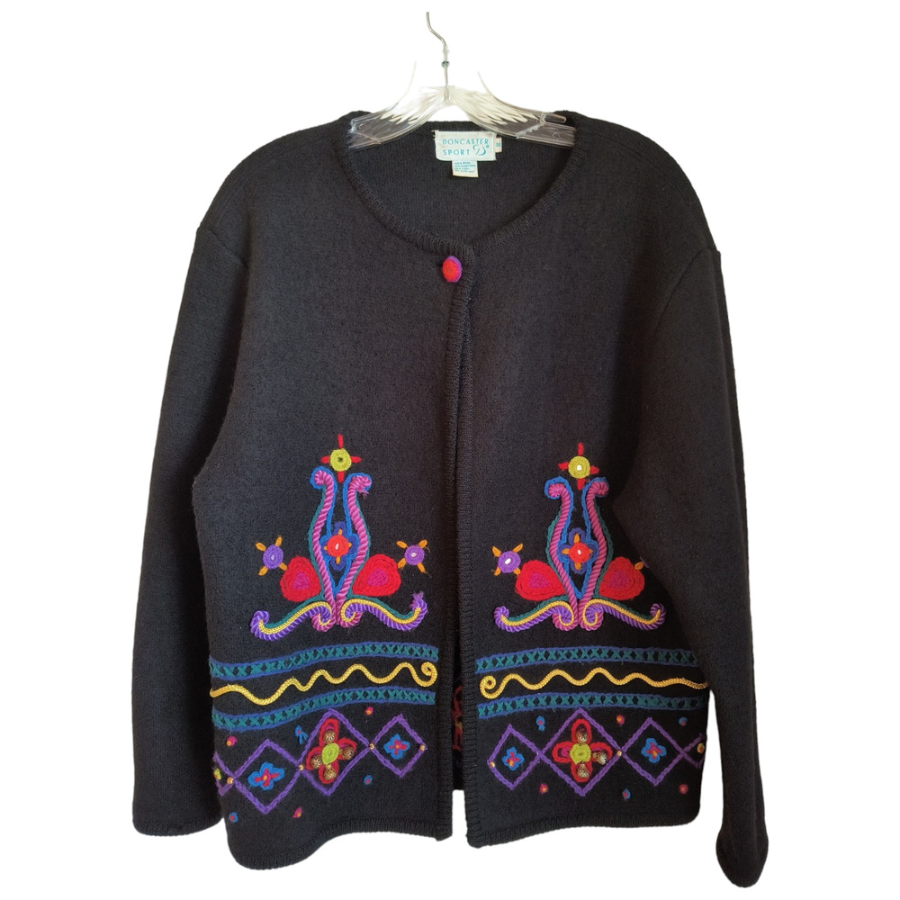 Doncaster Sport Wool Sweater Jacket Women's Size S Black Embroidered Cardigan
